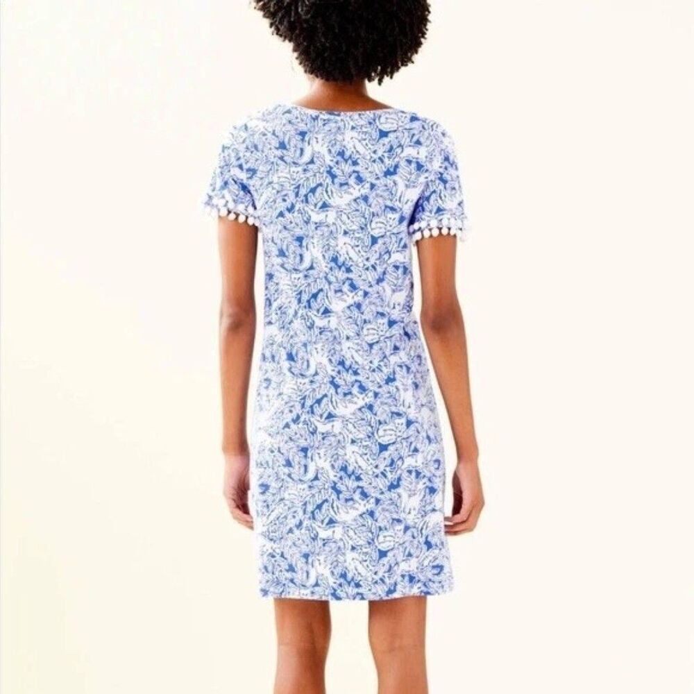Lilly  pulitzer lissie 100% pima cotton pom pom dress blue white foxes sz M - Picture 2 of 9